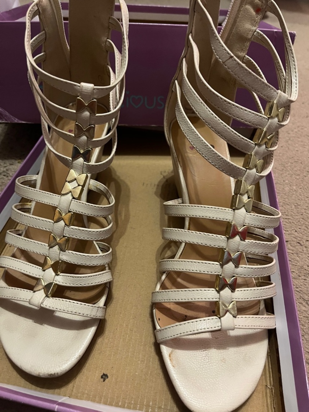 Strappy off White Gladiator Sandals with Gold Accents
